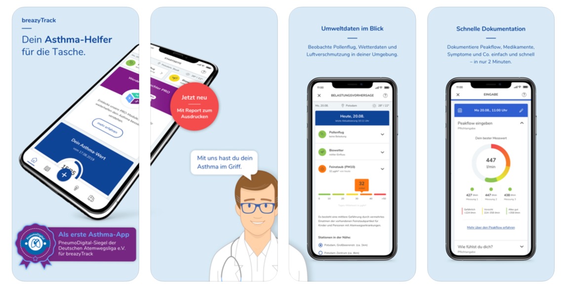 Drei Abbildungen eines Smartphones, die unterschiedliche Darstellungen der Asthma-Helfer App zeigen